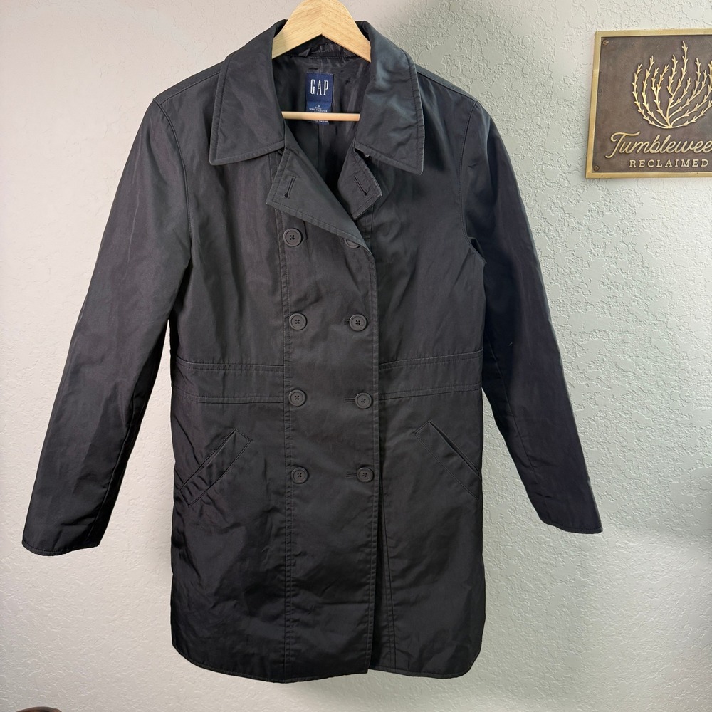 GAP Women Double Breasted Trench Coat‎ Black Polyester Size Small - Picture 3 of 9
